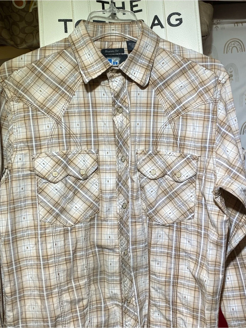 Men's Beige Plaid Long-Sleeve Button-Down Shirt